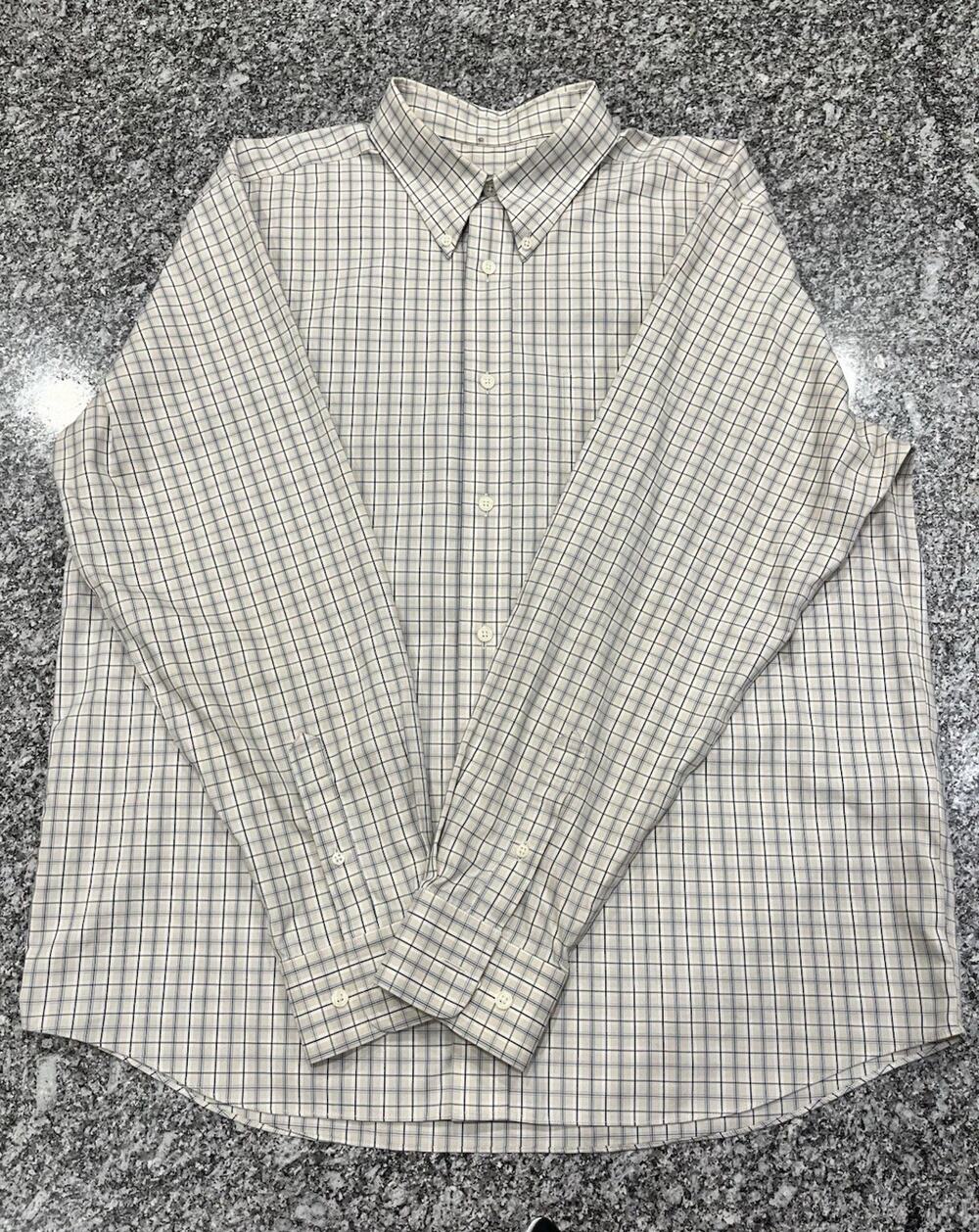 Eddie Bauer Relaxed Fit Wrinkle-Resistant Beige Blue Check Button-Down L - A1